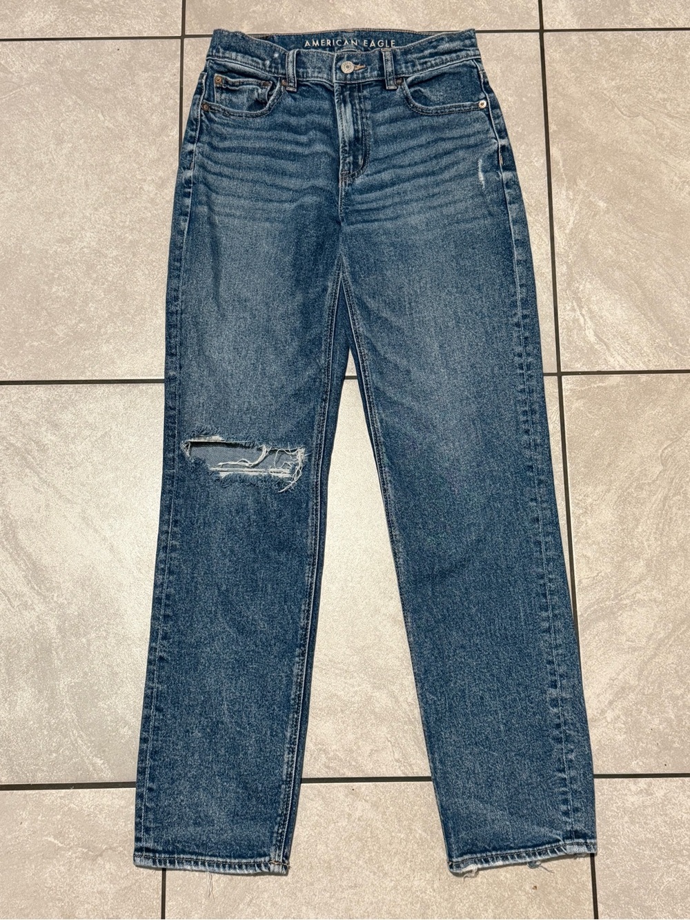 American Eagle Outfitters Super High Rise Straight Blue Distressed Jeans